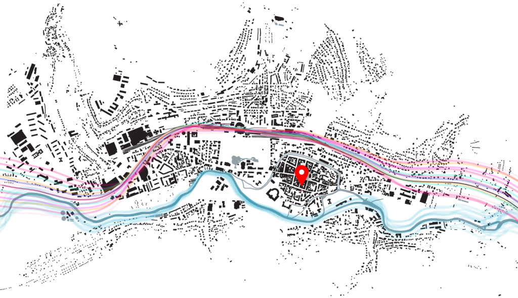 As-built plan of the city with highlighted river tides and train passages connecting to North and South of Germany.