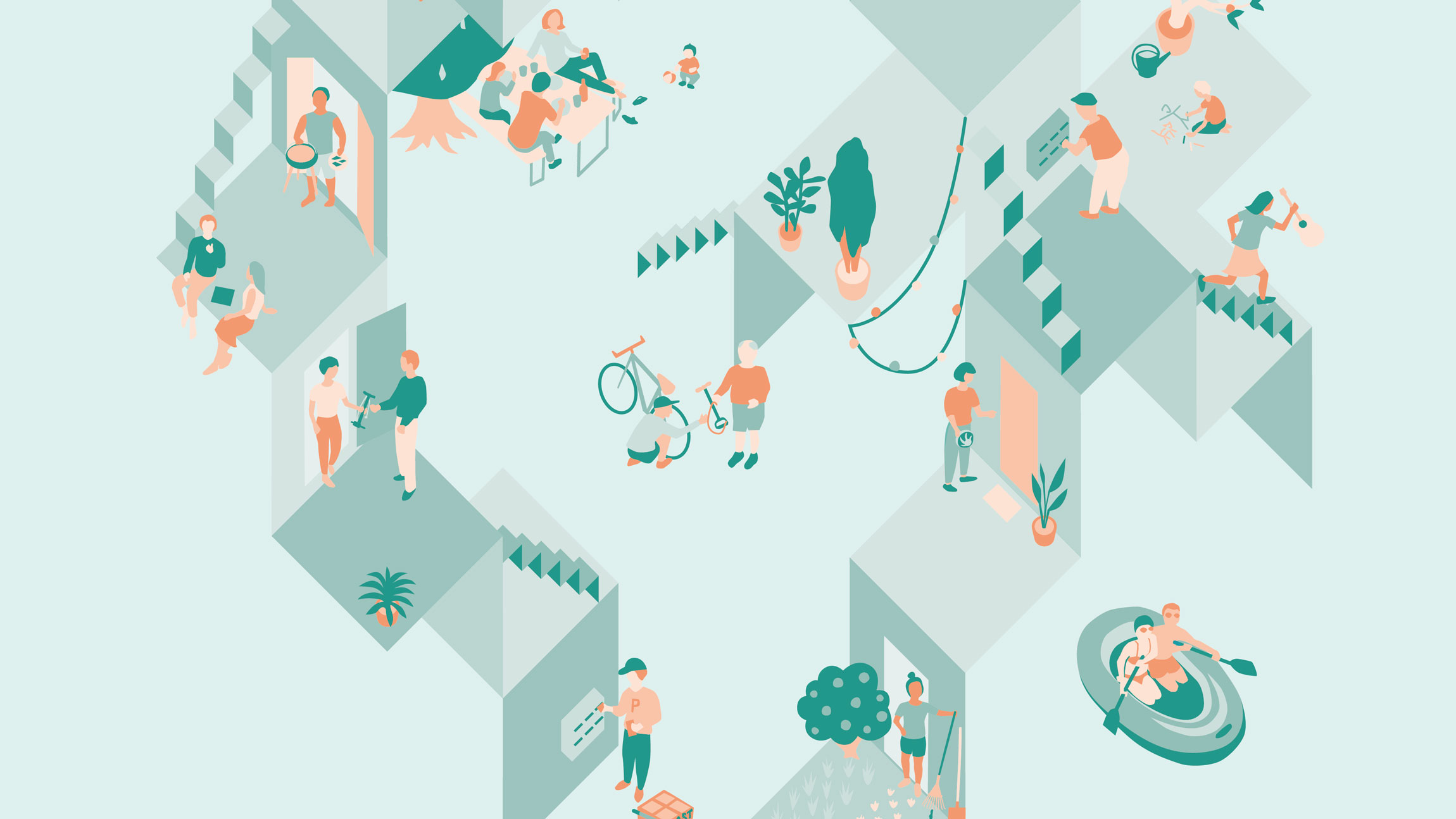 Illustration of neighbors sharing everyday items facilitated by the sharing website pumpipumpe.