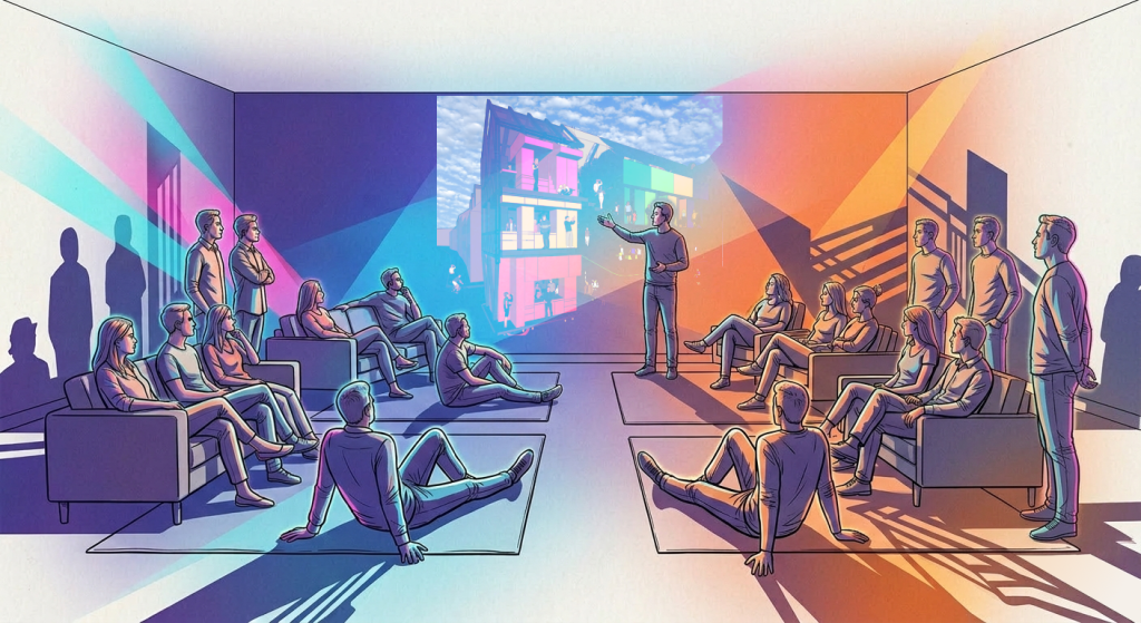 Students residents engineers and architects discussing improvements to the House of Sciences in Meiningen Thuringia Germany.